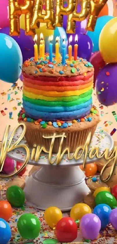 Colorful birthday cake with rainbow layers and balloons.