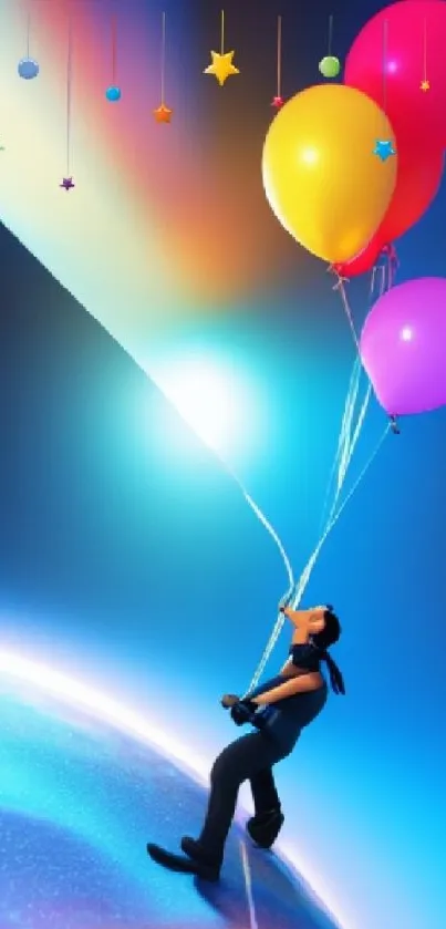 Cheerful birthday wallpaper with balloons and colorful stars.