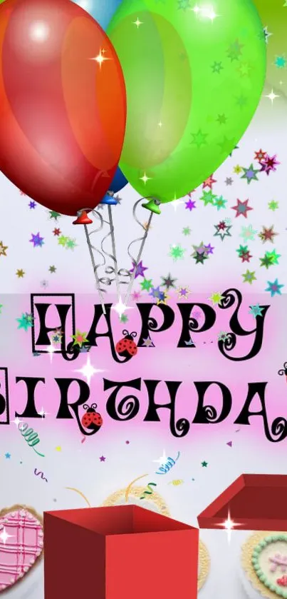 Vibrant birthday wallpaper with balloons and stars design.