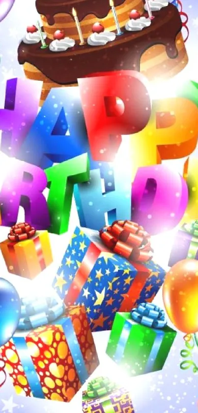 Colorful birthday wallpaper with gifts, balloons, and a cake.