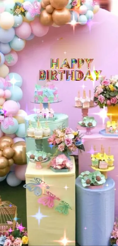 Colorful birthday wallpaper with balloons, flowers, and a festive 'Happy Birthday' sign.