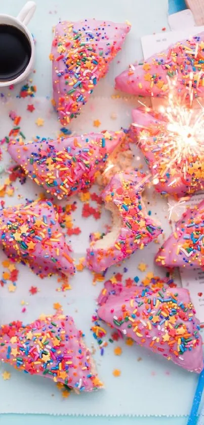 Colorful birthday celebration with donuts and sprinkles on a light blue background.
