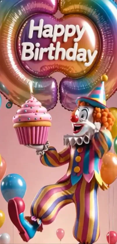 Birthday wallpaper with colorful clown and balloons.