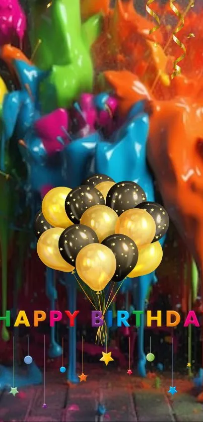 Colorful birthday wallpaper with balloons and paint splashes.