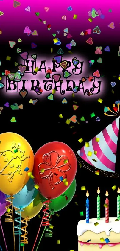 Colorful birthday wallpaper with balloons, cake, and confetti.