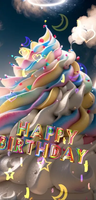 Colorful birthday cream with festive details.