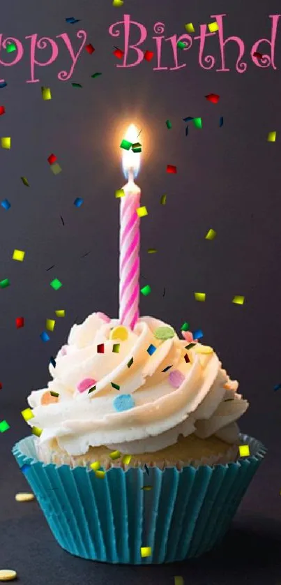 Happy Birthday cupcake with lit candle in vibrant colors.