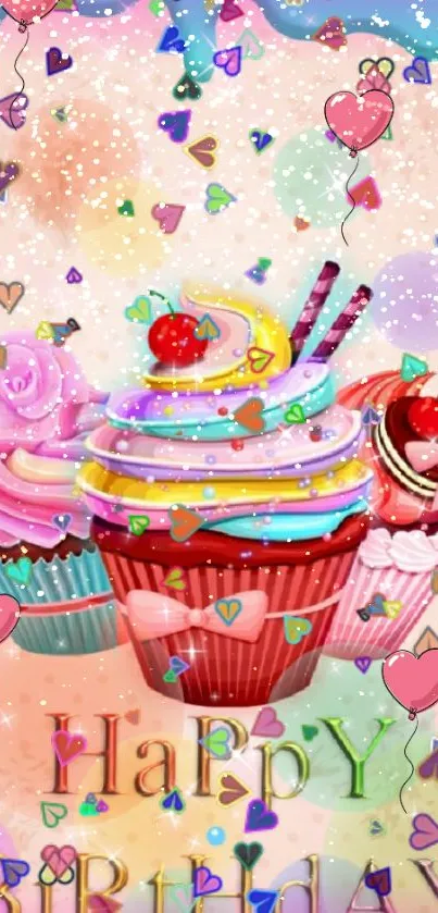 Colorful cupcake birthday wallpaper with festive decorations.