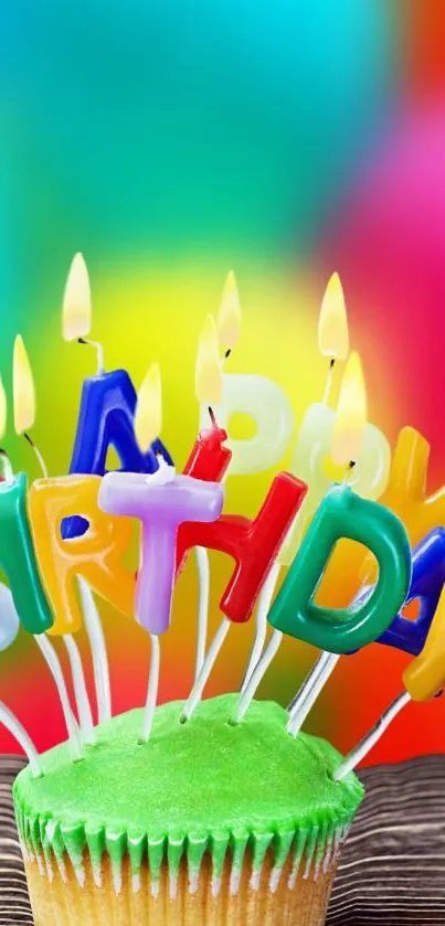 Colorful cupcake with 'Happy Birthday' candles and vibrant background.