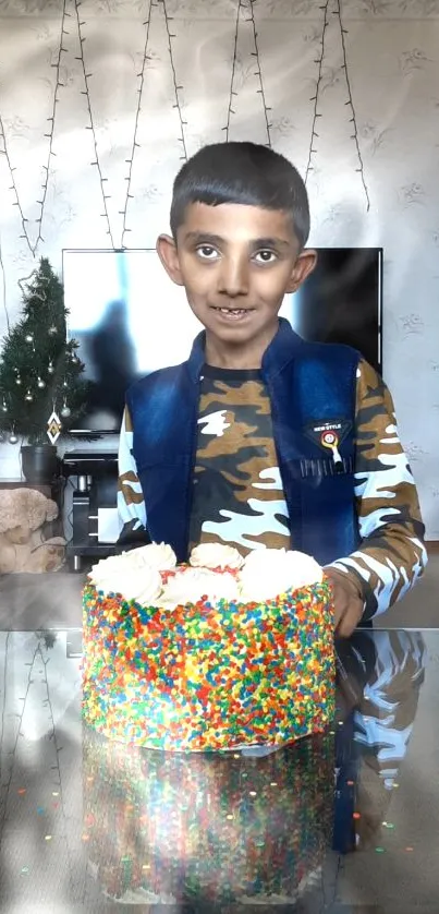 Smiling child with colorful cake and confetti in living room.