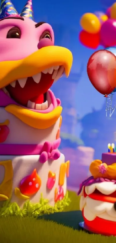 Colorful cartoon monster birthday cake with balloons and vibrant design.
