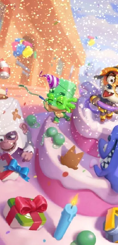 Animated animals celebrating a birthday on a vibrant pink cake.