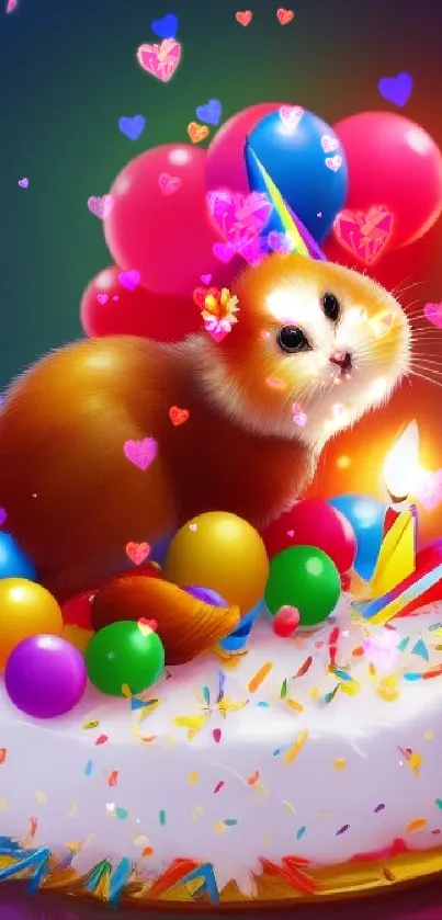 Cute pet on colorful birthday cake with balloons.