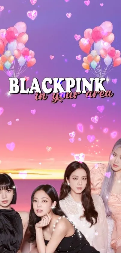 Blackpink mobile wallpaper with sunset and pink balloons.