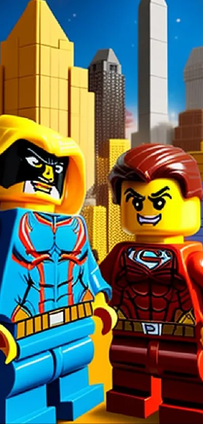 Toy superhero figures in a vibrant blocky cityscape.
