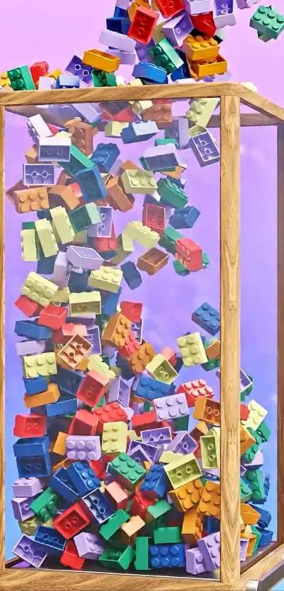 Colorful building blocks in a glass frame on pastel purple background.