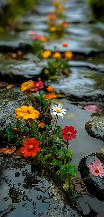 Colorful flowers blooming on a wet rock pathway.