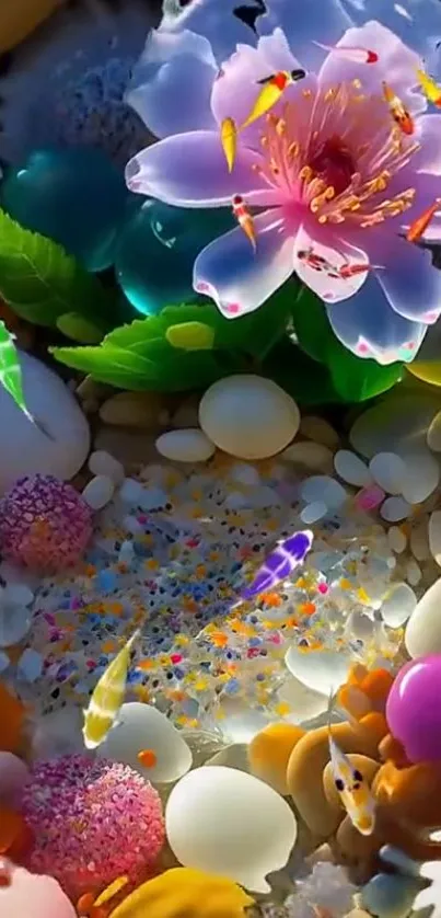 Colorful floral and pebble art design wallpaper with pastel hues.