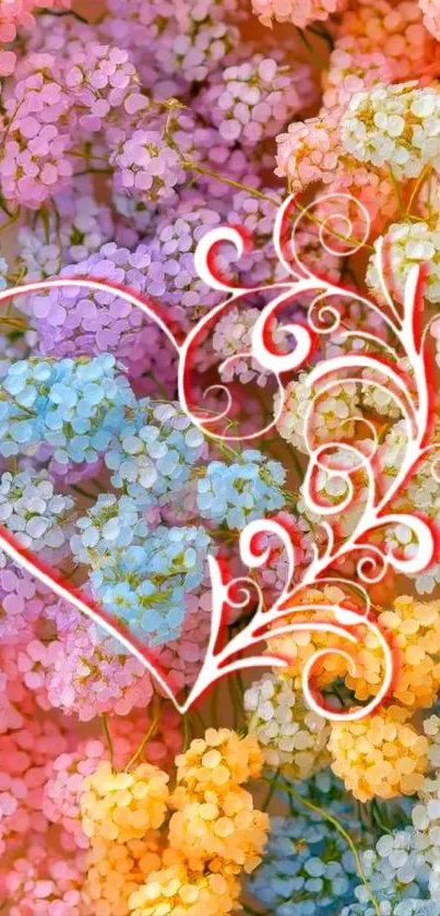 Colorful floral wallpaper with a heart design overlay.