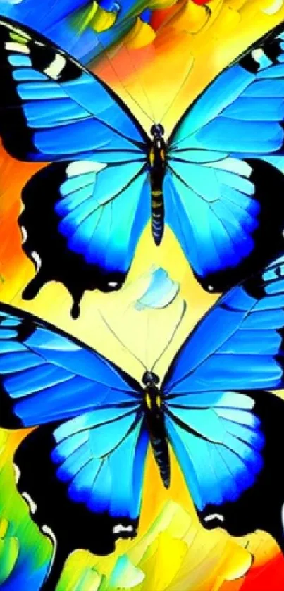 Vibrant abstract art with two blue butterflies on a colorful background.