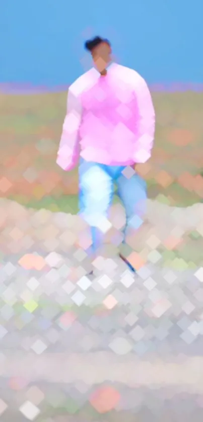 Blurred figure in colorful abstract design with blue and pink hues.