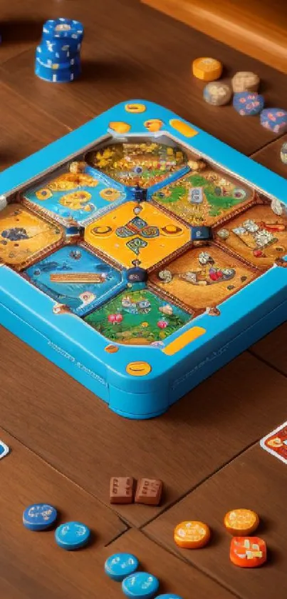 Colorful board game with vibrant tokens and a detailed setup on a wooden table.