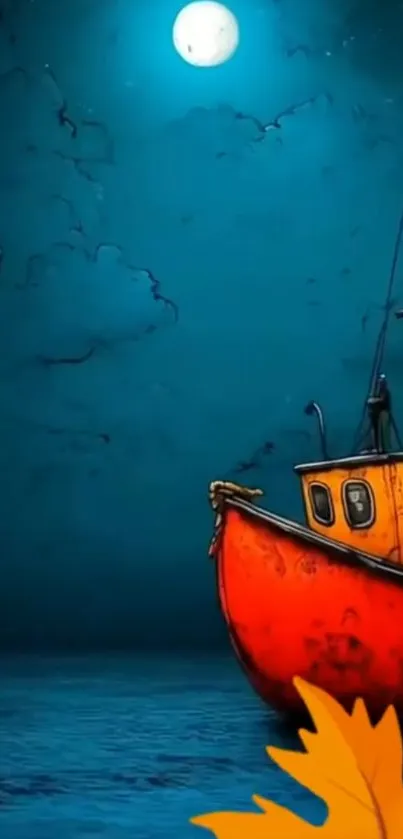 A colorful boat under the moonlit night sky.