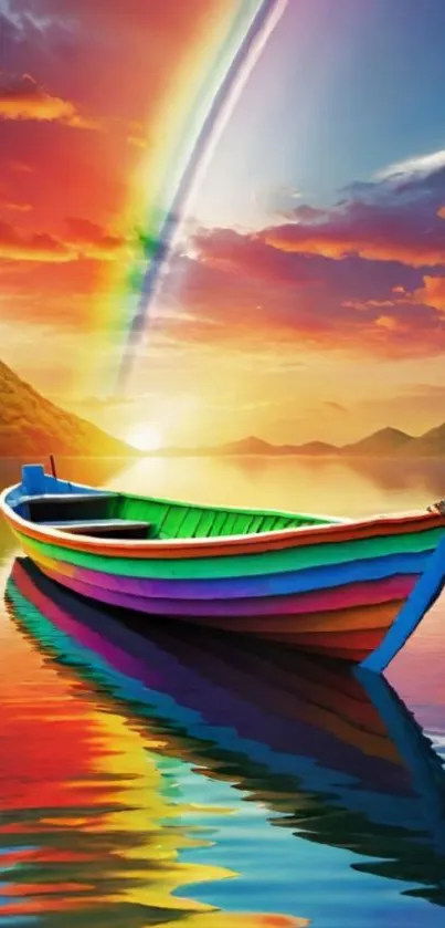 Colorful boat with rainbow at sunset on calm water.