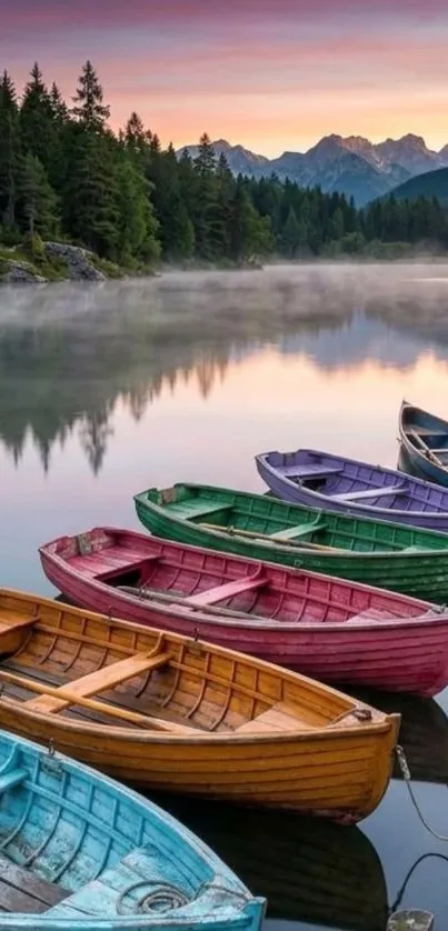 Colorful boats lined up on a misty lake at sunrise with mountain views.