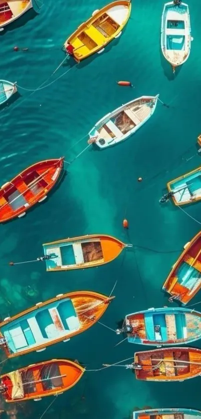 Aerial view of colorful boats on turquoise water