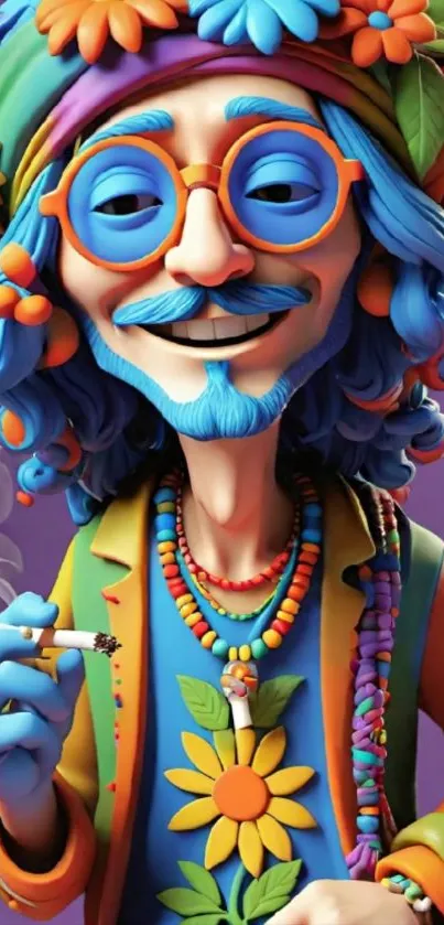 Colorful hippie character in vibrant bohemian style artwork.