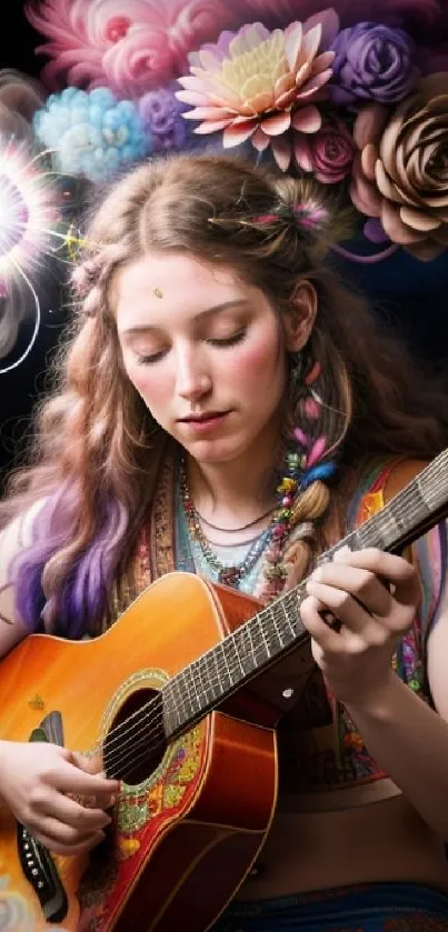 Bohemian woman playing guitar with vibrant floral design.