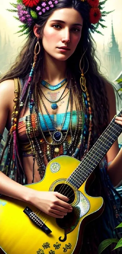 Bohemian woman with guitar and floral crown in vibrant colors.