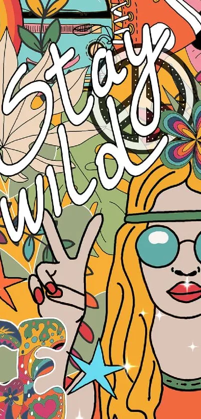 Colorful bohemian art wallpaper with 'Stay Wild' message.