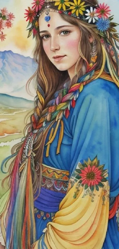 Bohemian woman in colorful dress with floral crown in a serene landscape.