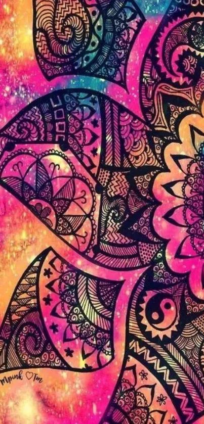 Colorful boho mandala with henna patterns and vibrant pink hues.