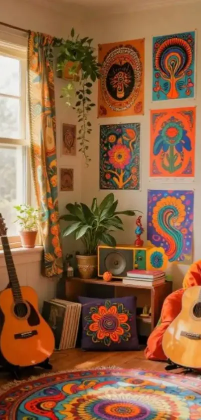 Bohemian music room with colorful decor and guitars.