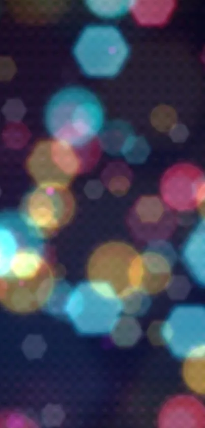 Vibrant bokeh circles wallpaper with blues, reds, and yellows on dark background.