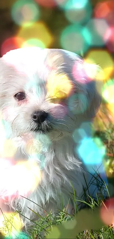 Fluffy white dog in colorful bokeh field.