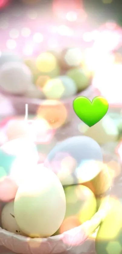 Pastel bokeh mobile wallpaper with green heart overlay.