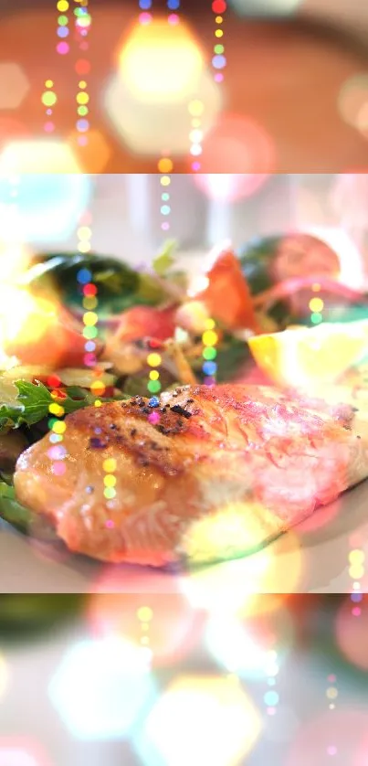 Colorful bokeh lights with a plated meal on modern wallpaper.