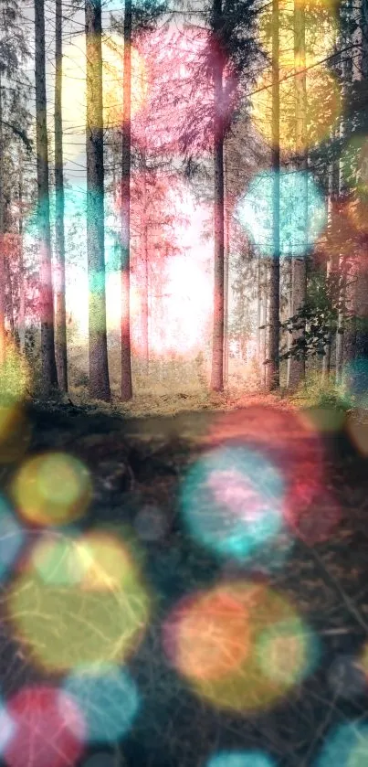 Enchanted forest with colorful bokeh light effects creating a dreamy atmosphere.