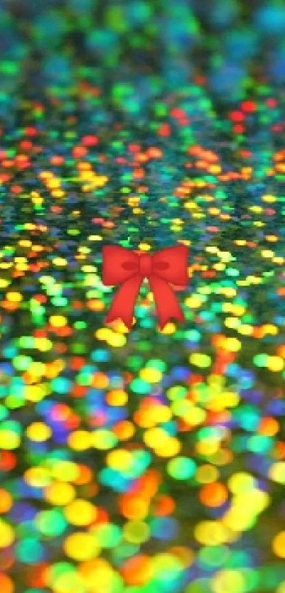 Vibrant mobile wallpaper with colorful bokeh glitter and a central red ribbon.