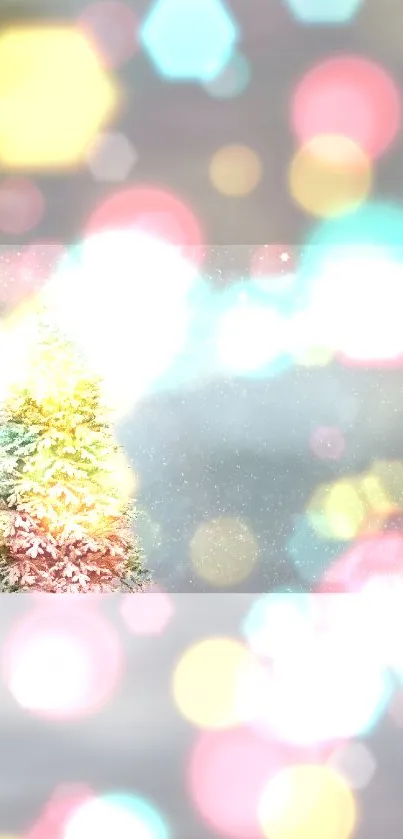 Festive Christmas tree with colorful bokeh effect on a mobile wallpaper.