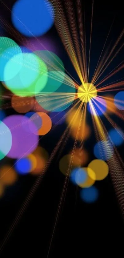 Vibrant bokeh light burst with colorful circles on a dark background.