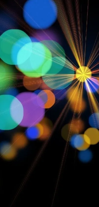 Vibrant mobile wallpaper with colorful bokeh lights on a black background.