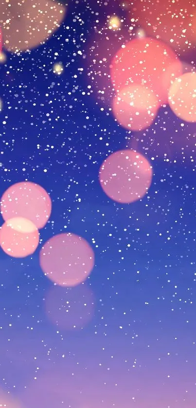 Vibrant bokeh lights with snow effect in pink and blue hues.