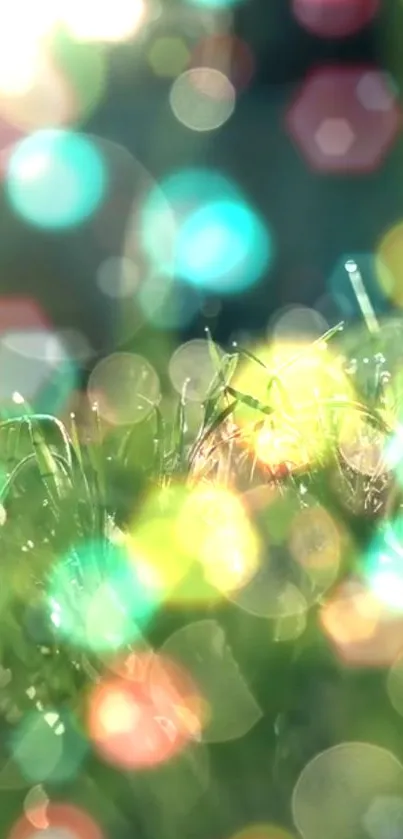 Colorful bokeh lights create an abstract, dreamy effect on grass.