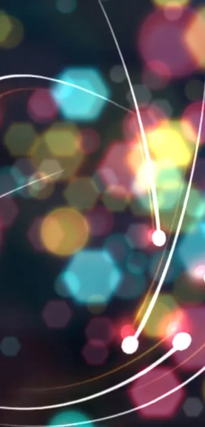 Colorful bokeh lights with swirling abstract lines on a dark background.