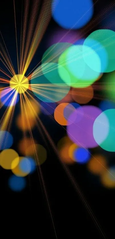 Colorful bokeh lights on black background, vibrant mobile wallpaper.